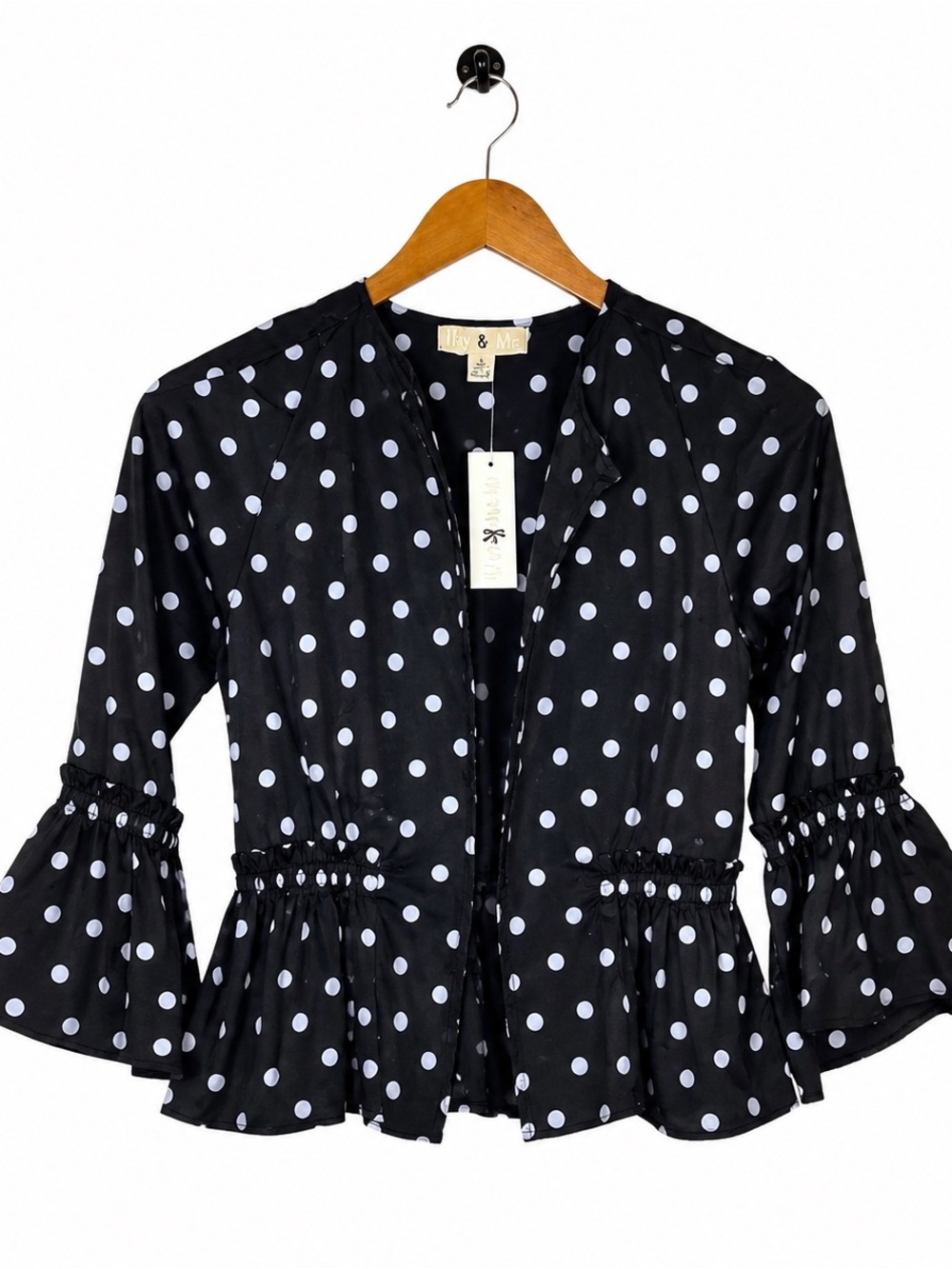 NWT Iky & Me Women’s Small Black White Polka Dot Peplum Bell Sleeve Open Front